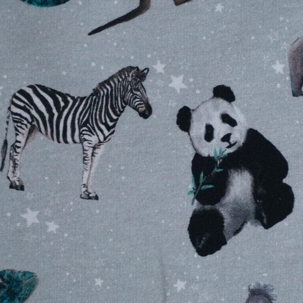 French Terry Tiere Zebra Koala Känguru Panda Chamäleon grau